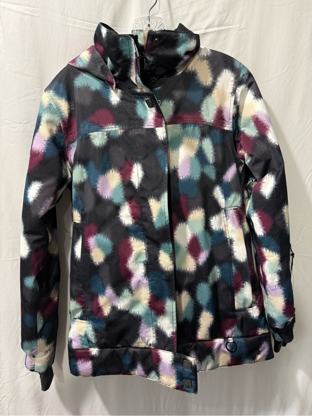 Roxy Multi-Color Abstract Print Hooded Jacket - Black with Teal, Plum, Cream